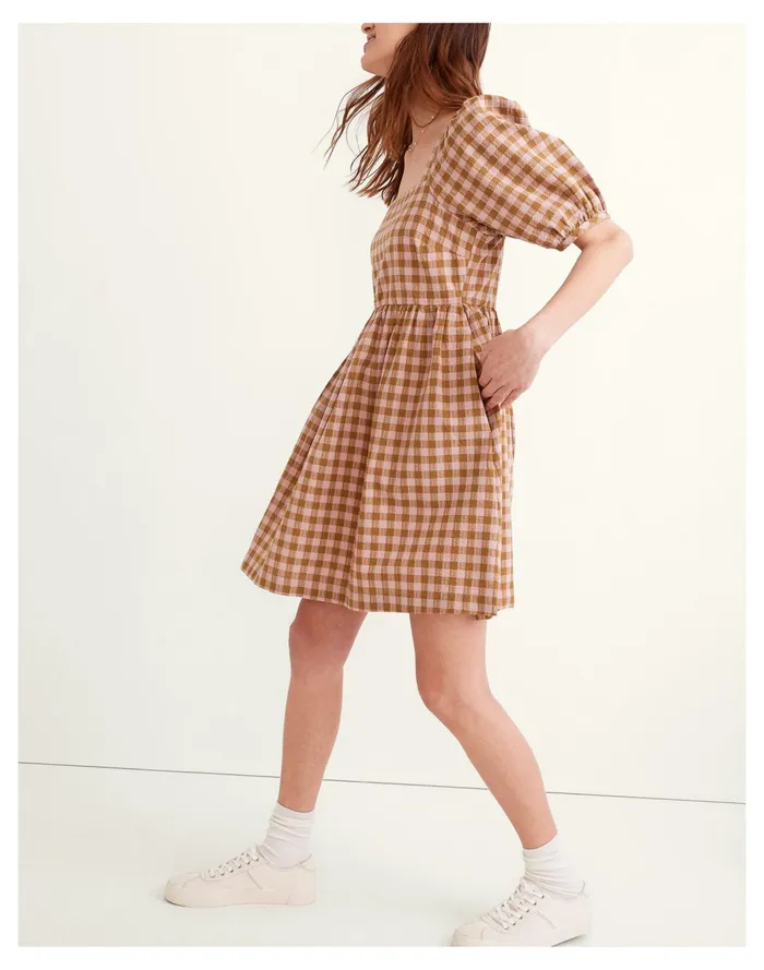 Square Neck Puff Sleeve Dress In Gingham Seersucker Spiced Olive Women Madewell Dresses