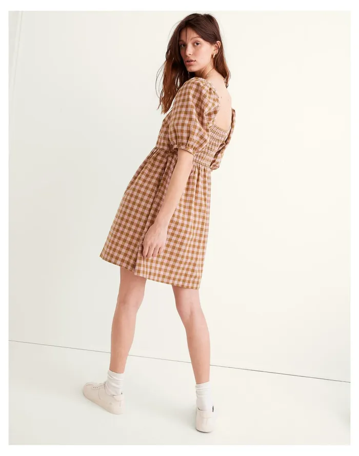 Square Neck Puff Sleeve Dress In Gingham Seersucker Spiced Olive Women Madewell Dresses