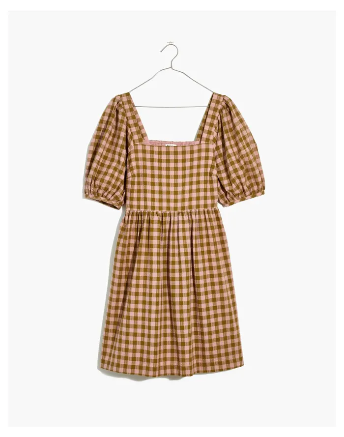 Square Neck Puff Sleeve Dress In Gingham Seersucker Spiced Olive Women Madewell Dresses