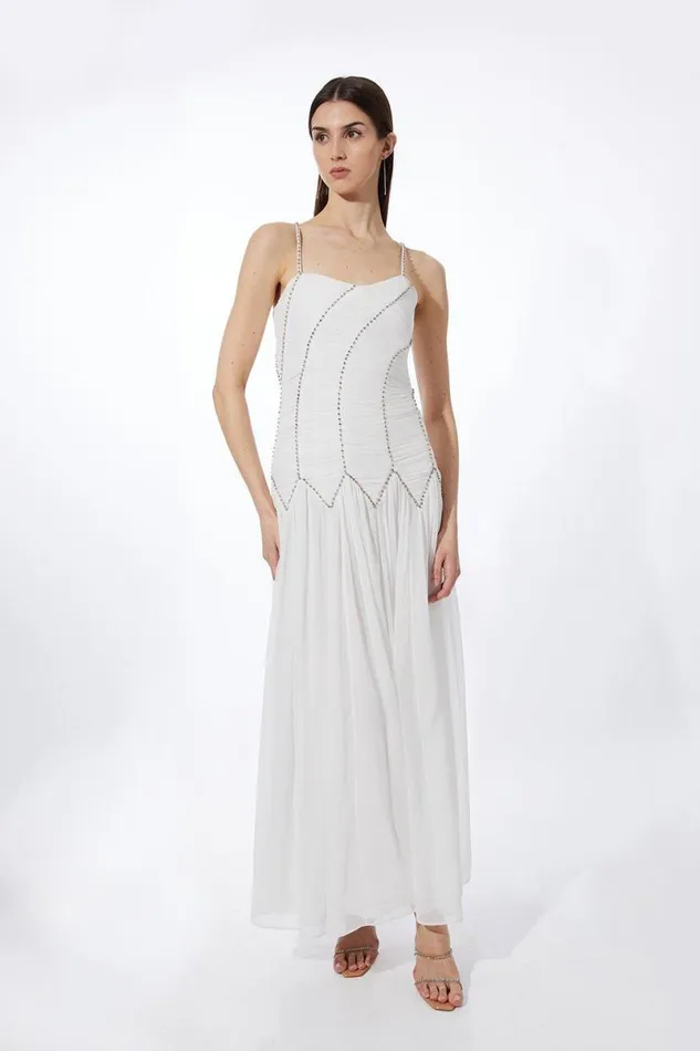 Strappy Embellished Ruched Georgette Woven Maxi Dress White Women Karen Millen Dresses