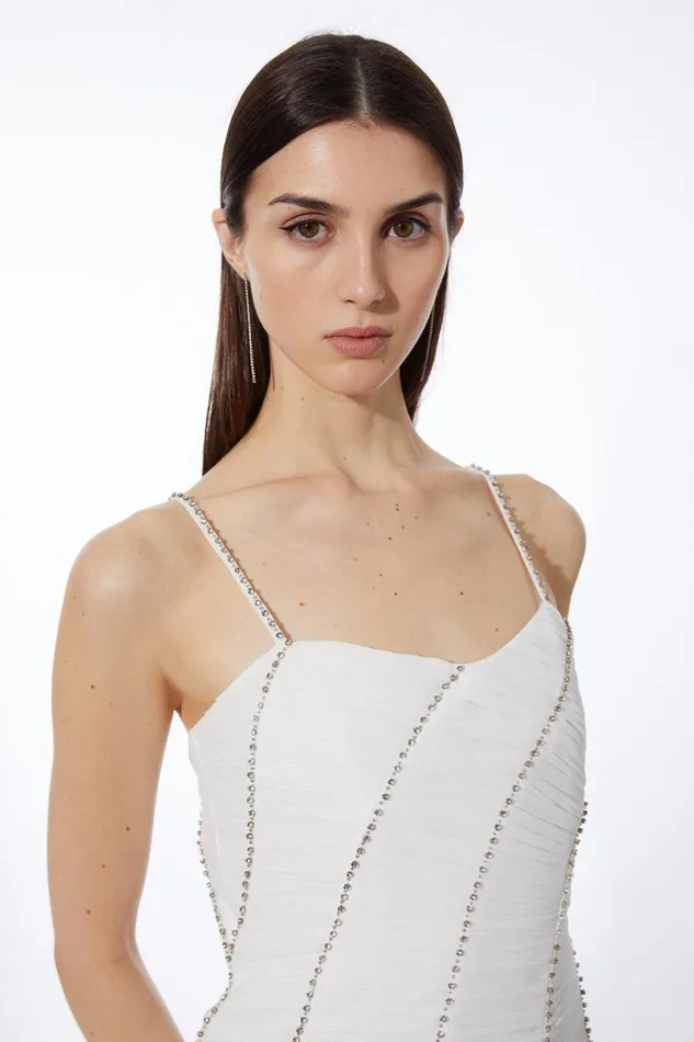 Strappy Embellished Ruched Georgette Woven Maxi Dress White Women Karen Millen Dresses