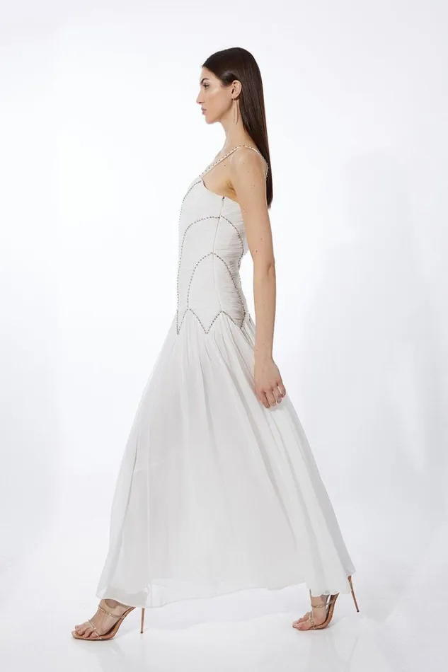 Strappy Embellished Ruched Georgette Woven Maxi Dress White Women Karen Millen Dresses