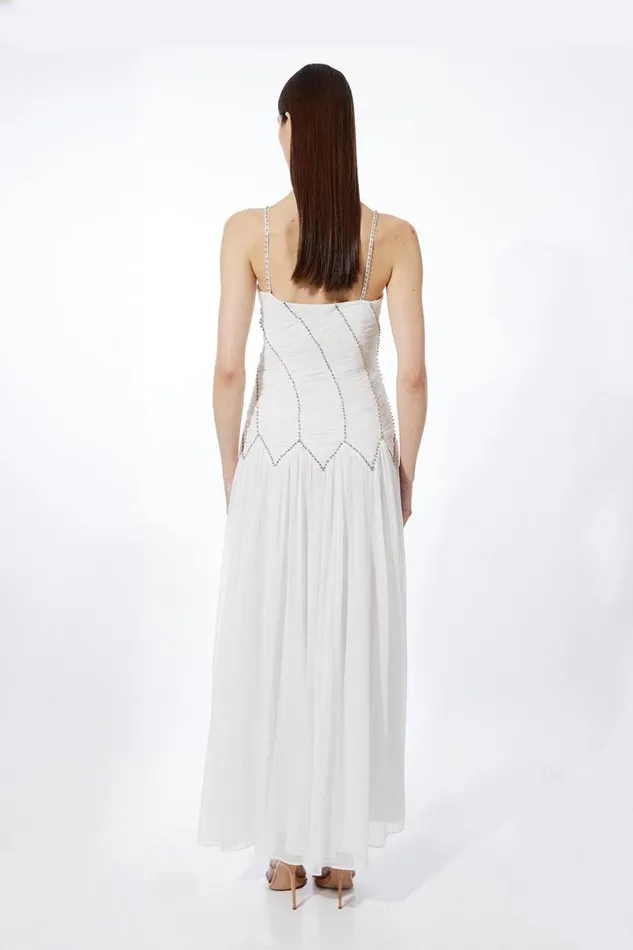 Strappy Embellished Ruched Georgette Woven Maxi Dress White Women Karen Millen Dresses