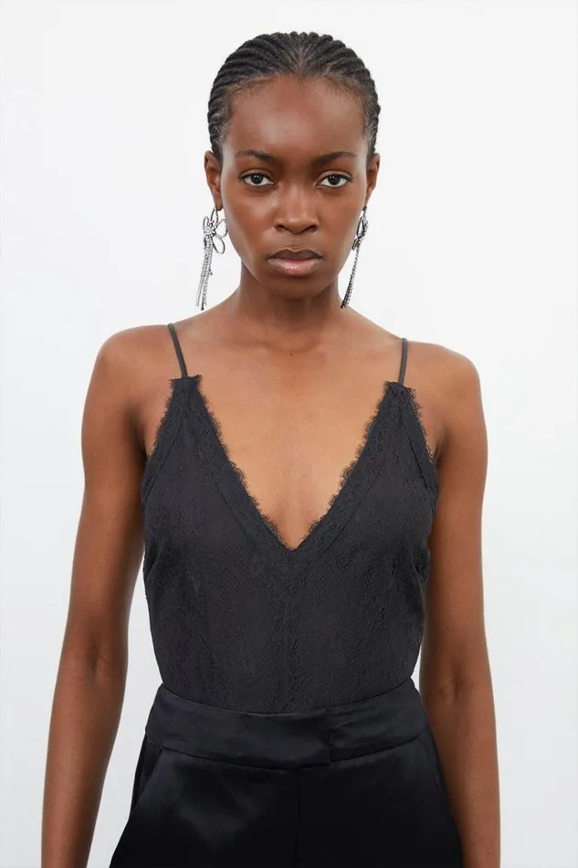 Strappy Lace Jersey Tie Back Bodysuit Black Women Karen Millen Tops