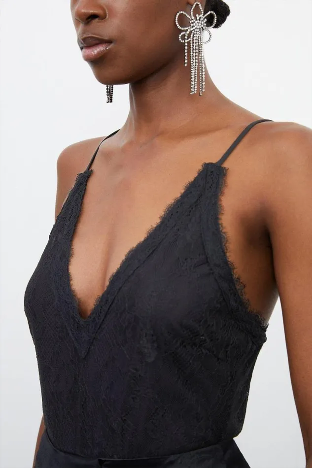 Strappy Lace Jersey Tie Back Bodysuit Black Women Karen Millen Tops