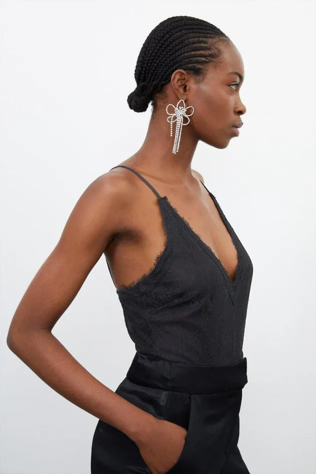 Strappy Lace Jersey Tie Back Bodysuit Black Women Karen Millen Tops