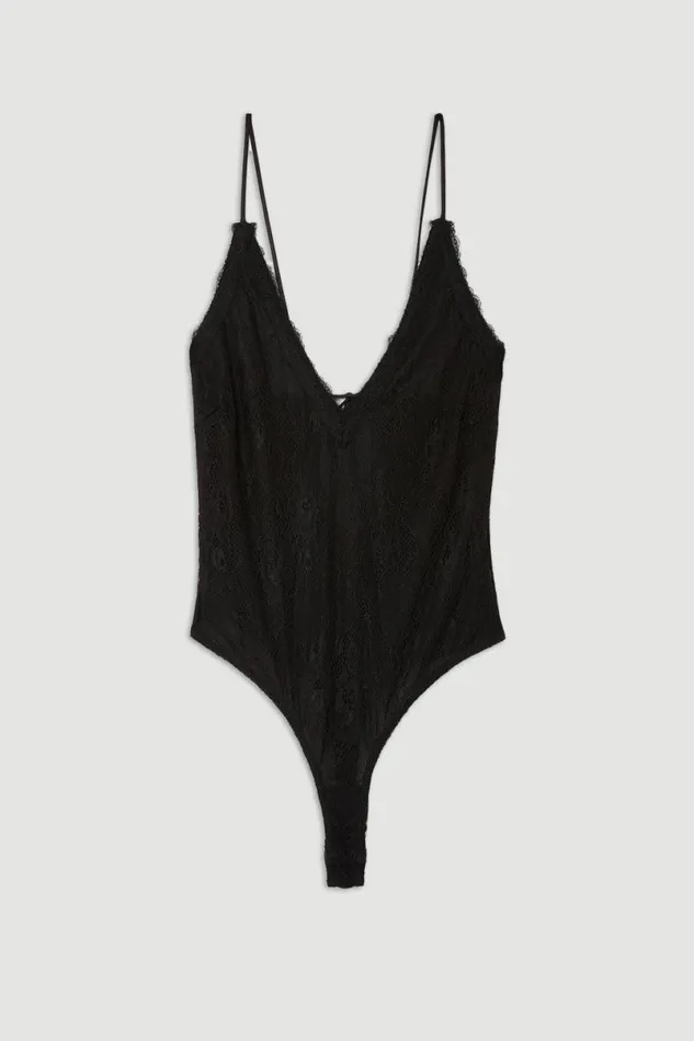 Strappy Lace Jersey Tie Back Bodysuit Black Women Karen Millen Tops
