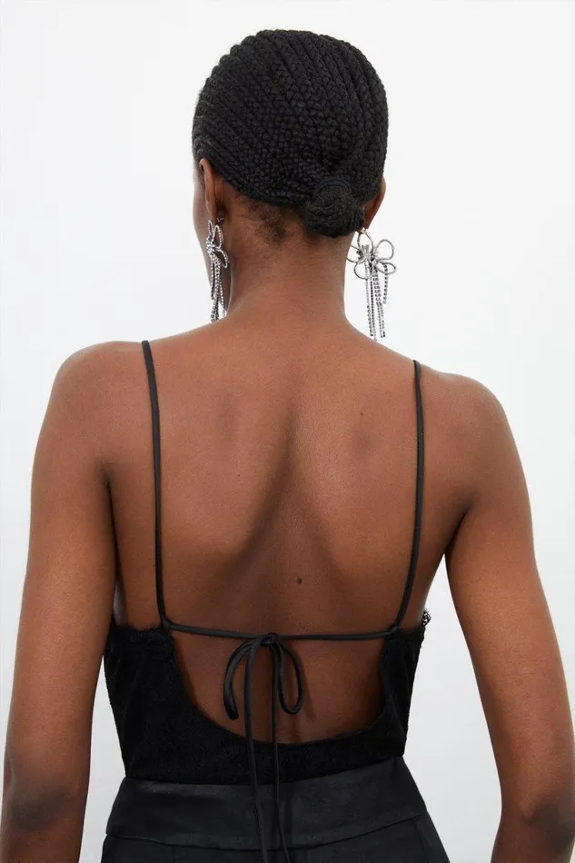 Strappy Lace Jersey Tie Back Bodysuit Black Women Karen Millen Tops