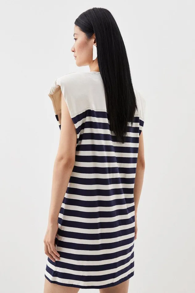 Stretch Cotton Jersey Stripe Strong Shoulder Mini Dress Stripe Women Karen Millen Dresses