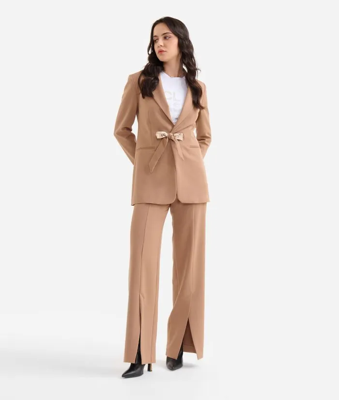 Stretch Fabric Jacket With Geo Classic Waist Ties Camel Woman Alviero Martini Coats and Jackets