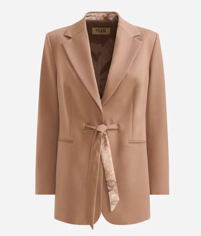 Stretch Fabric Jacket With Geo Classic Waist Ties Camel Woman Alviero Martini Coats and Jackets