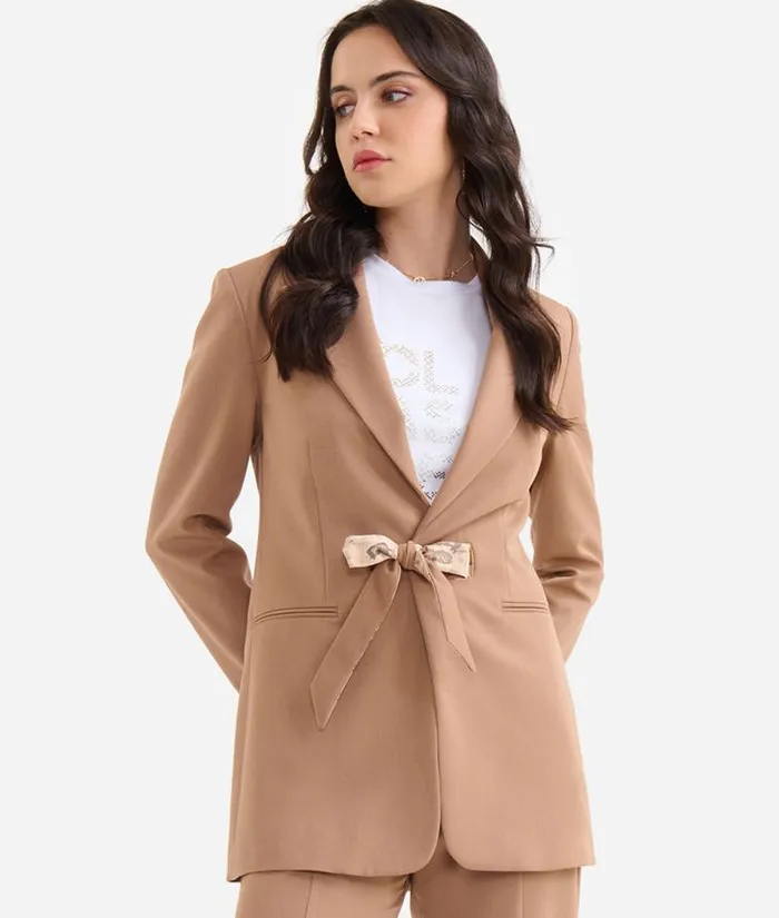 Stretch Fabric Jacket With Geo Classic Waist Ties Camel Woman Alviero Martini Coats and Jackets