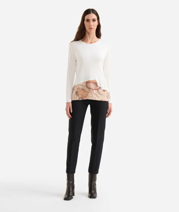 Stretch Viscose Jersey TShirt With Geo Classic Flounce Natural Woman Alviero Martini Knitwears Shirts and Tops