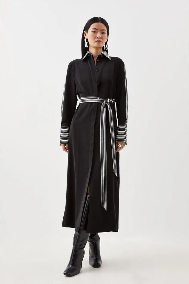 Stripe Twill Woven Belted Midi Shirt Dress Black Women Karen Millen Dresses