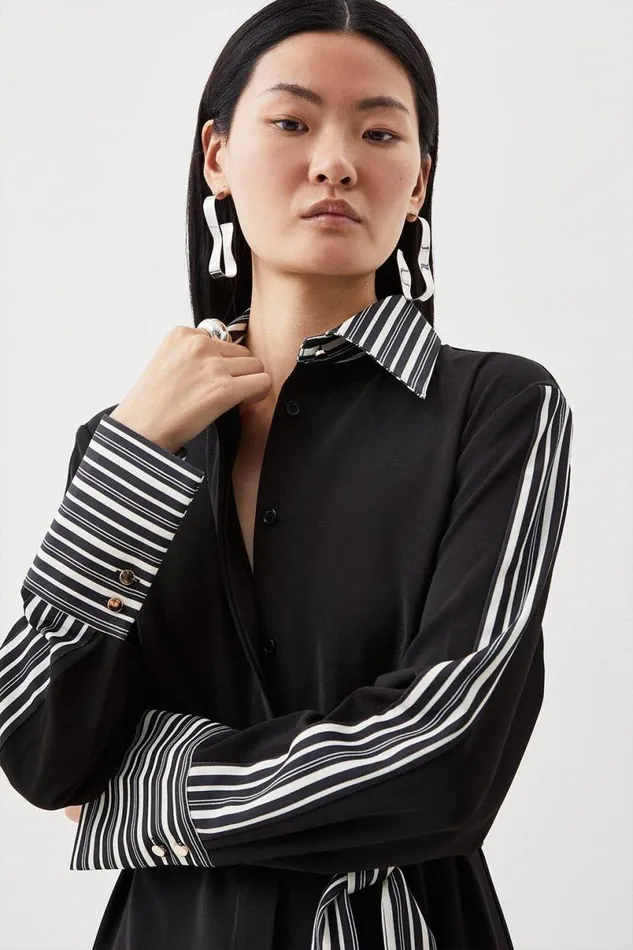 Stripe Twill Woven Belted Midi Shirt Dress Black Women Karen Millen Dresses