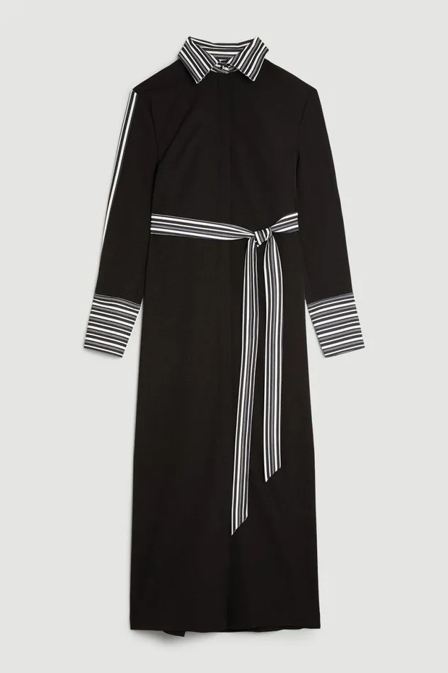 Stripe Twill Woven Belted Midi Shirt Dress Black Women Karen Millen Dresses