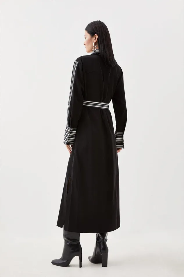 Stripe Twill Woven Belted Midi Shirt Dress Black Women Karen Millen Dresses
