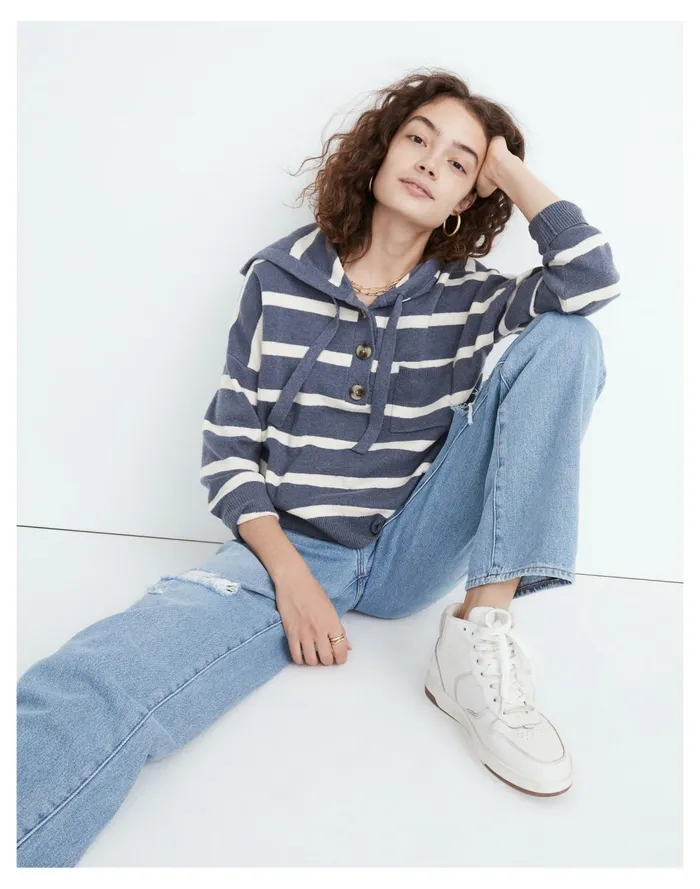 Striped Olney Henley Hoodie Sweater Sunfaded Indigo Women Madewell Sweaters