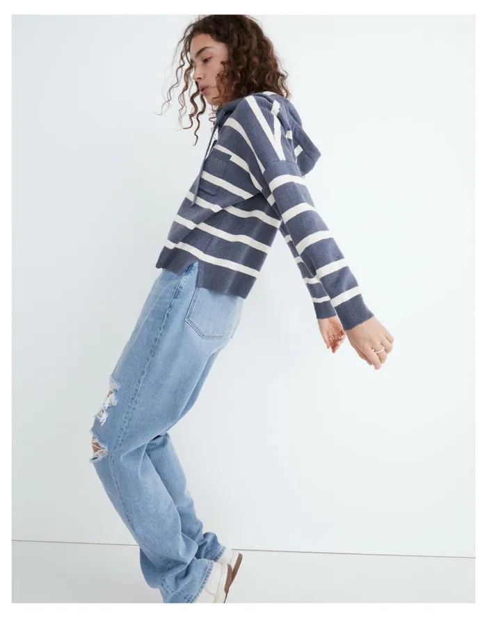 Striped Olney Henley Hoodie Sweater Sunfaded Indigo Women Madewell Sweaters Striped Olney Henley Hoodie Sweater Sunfaded Indigo Women Madewell Sweaters