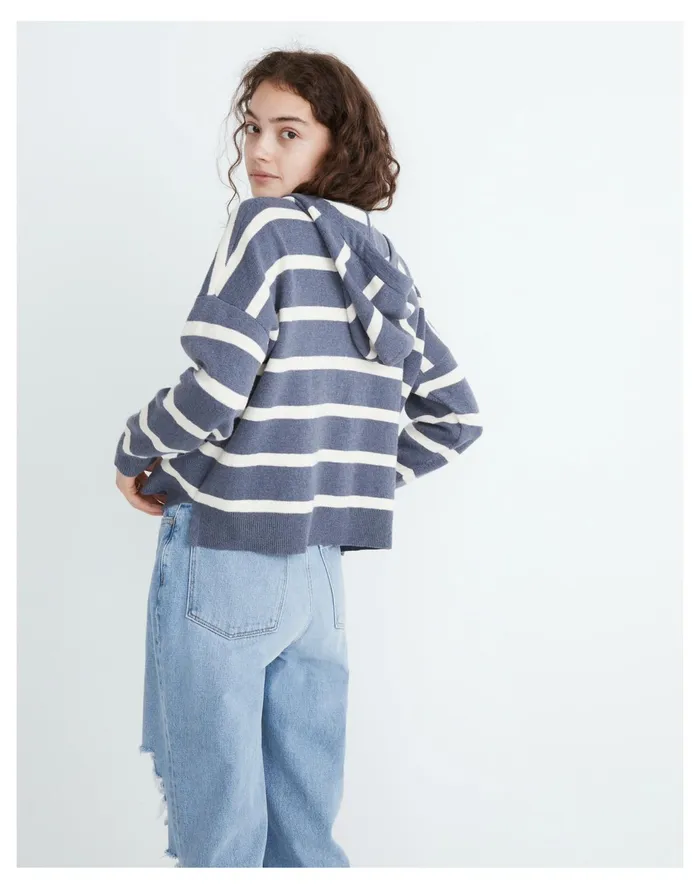 Striped Olney Henley Hoodie Sweater Sunfaded Indigo Women Madewell Sweaters Striped Olney Henley Hoodie Sweater Sunfaded Indigo Women Madewell Sweaters
