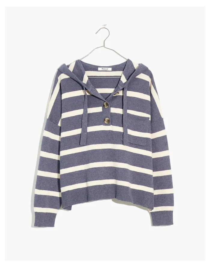 Striped Olney Henley Hoodie Sweater Sunfaded Indigo Women Madewell Sweaters Striped Olney Henley Hoodie Sweater Sunfaded Indigo Women Madewell Sweaters