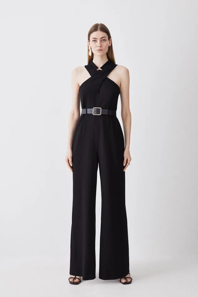 Structured Crepe Halter Neck Belted Wide Leg Jumpsuit Black Women Karen Millen Jumpsuits and Playsuits