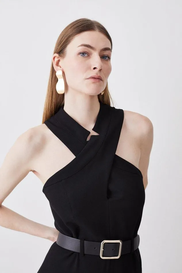 Structured Crepe Halter Neck Belted Wide Leg Jumpsuit Black Women Karen Millen Jumpsuits and Playsuits