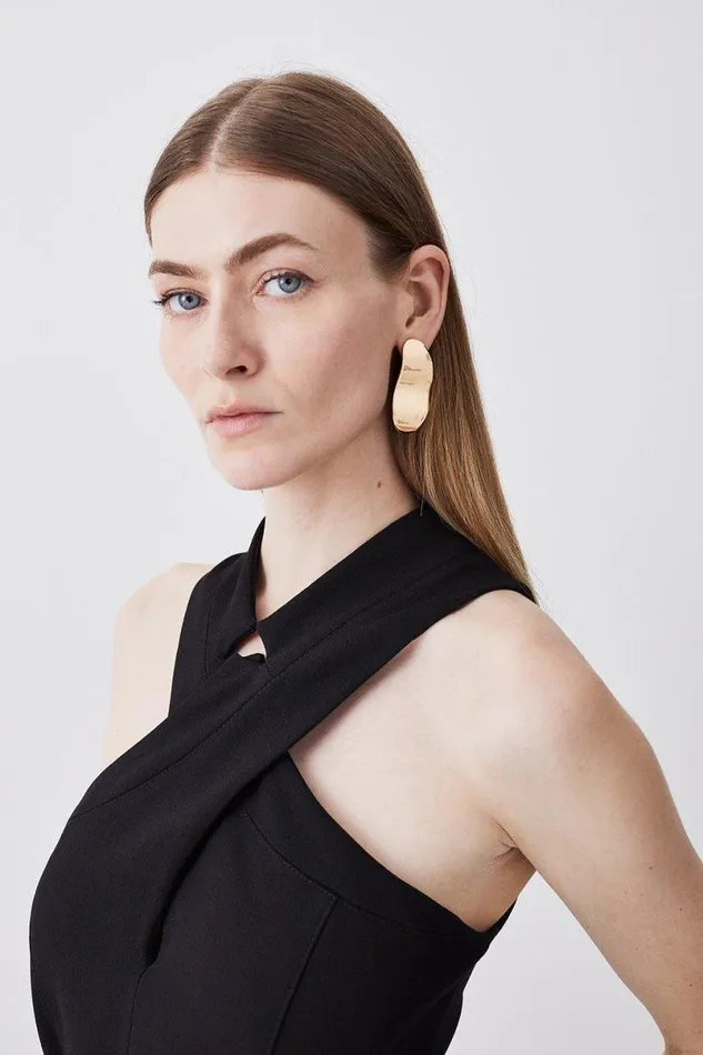 Structured Crepe Halter Neck Belted Wide Leg Jumpsuit Black Women Karen Millen Jumpsuits and Playsuits