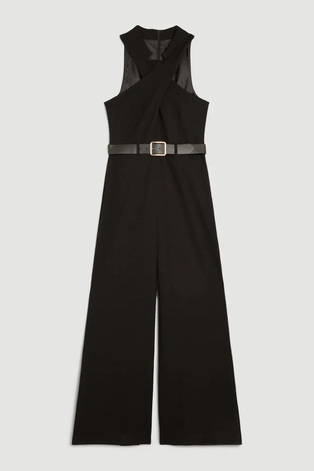 Structured Crepe Halter Neck Belted Wide Leg Jumpsuit Black Women Karen Millen Jumpsuits and Playsuits