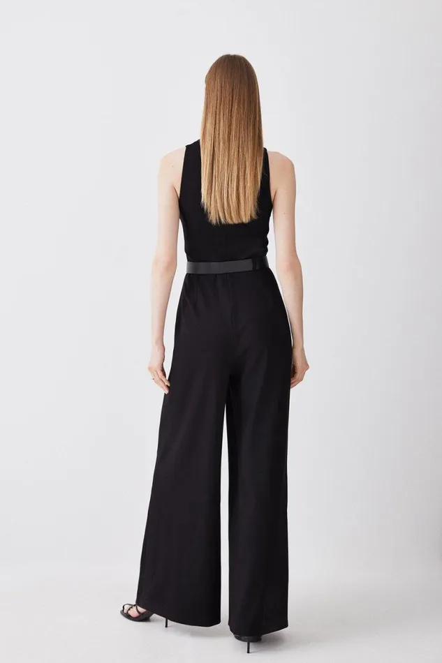 Structured Crepe Halter Neck Belted Wide Leg Jumpsuit Black Women Karen Millen Jumpsuits and Playsuits