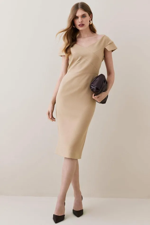 Structured Crepe Tailored Cross Detail Midi Dress Camel Women Karen Millen Dresses