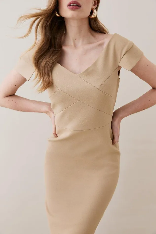 Structured Crepe Tailored Cross Detail Midi Dress Camel Women Karen Millen Dresses