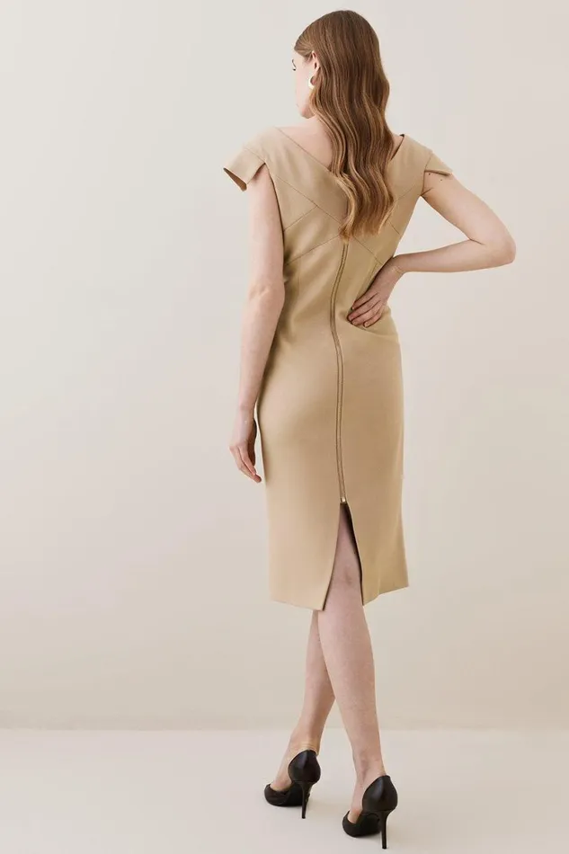 Structured Crepe Tailored Cross Detail Midi Dress Camel Women Karen Millen Dresses
