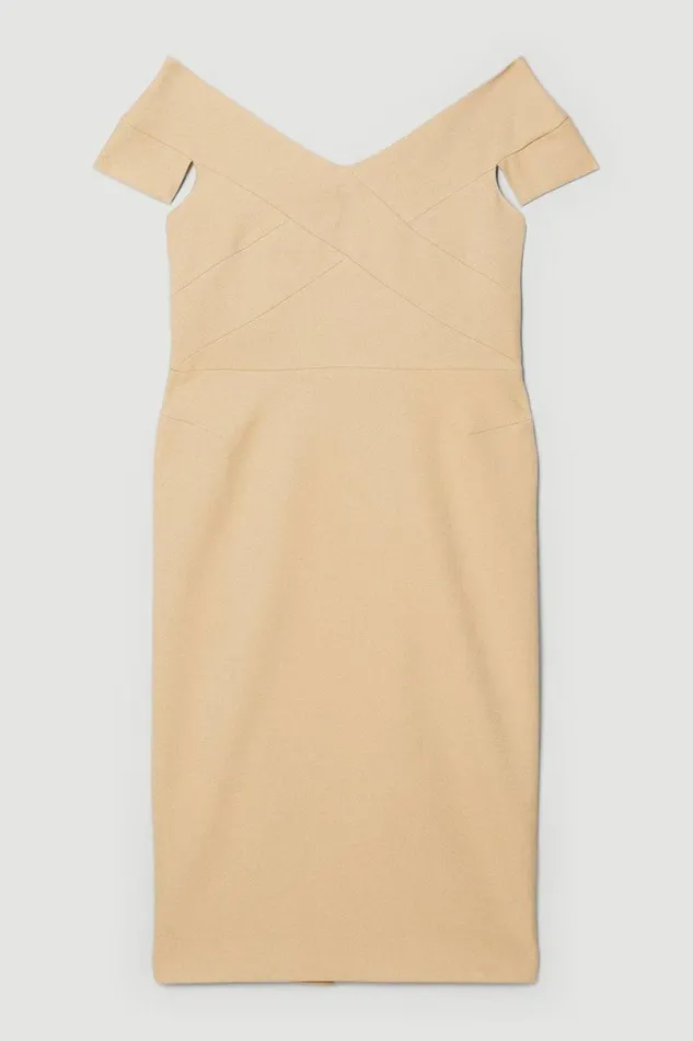 Structured Crepe Tailored Cross Detail Midi Dress Camel Women Karen Millen Dresses