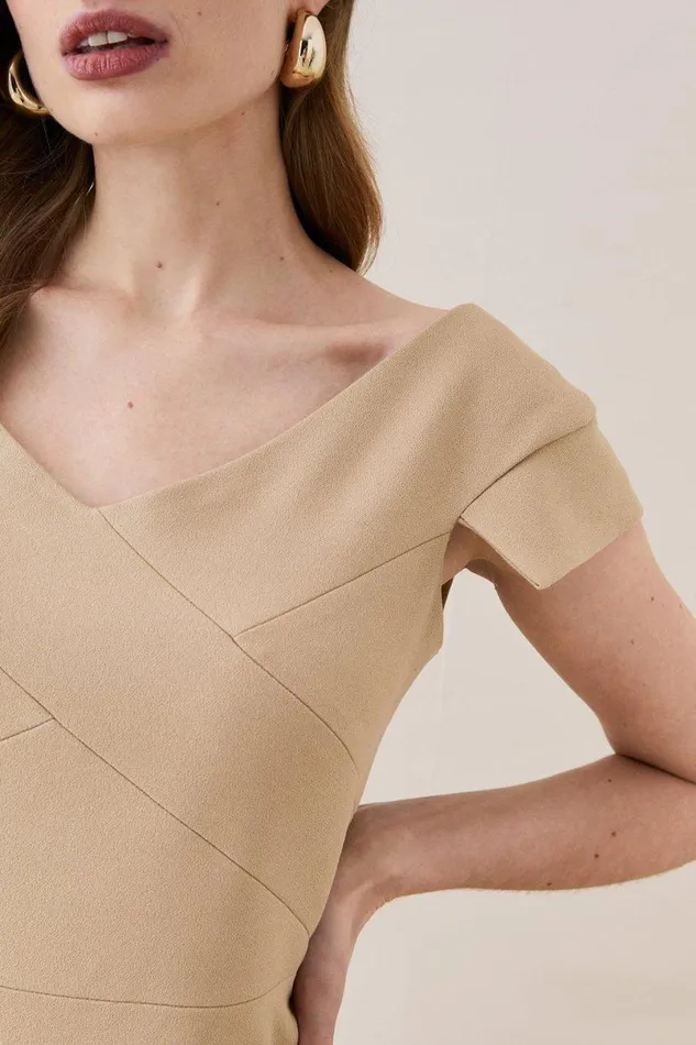 Structured Crepe Tailored Cross Detail Midi Dress Camel Women Karen Millen Dresses
