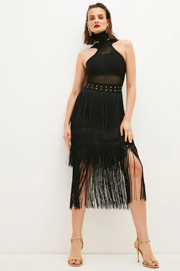Studded Fringe Mesh Insert Knit Halterneck Bandage Midi Dress Black Women Karen Millen Dresses