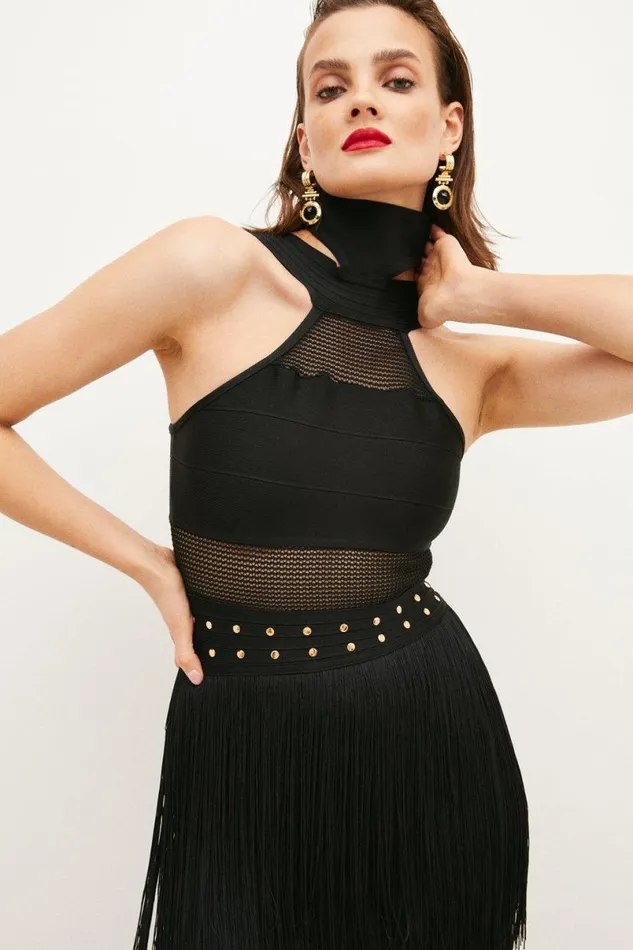 Studded Fringe Mesh Insert Knit Halterneck Bandage Midi Dress Black Women Karen Millen Dresses