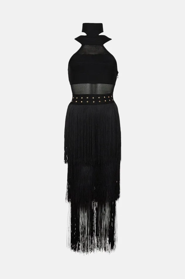 Studded Fringe Mesh Insert Knit Halterneck Bandage Midi Dress Black Women Karen Millen Dresses