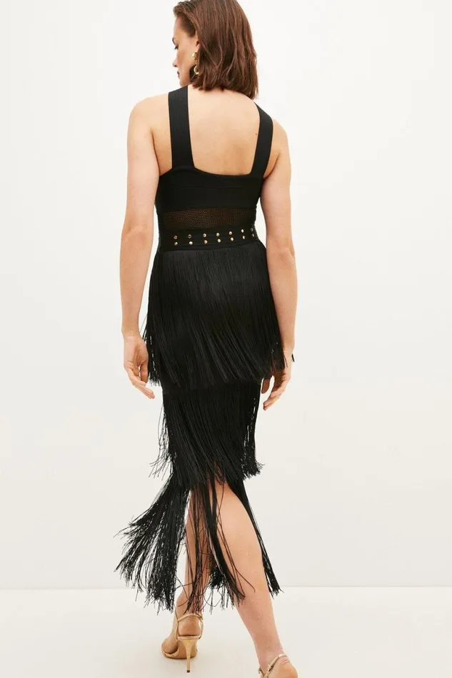 Studded Fringe Mesh Insert Knit Halterneck Bandage Midi Dress Black Women Karen Millen Dresses