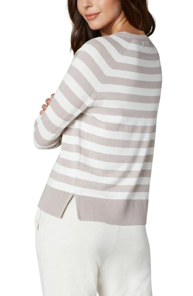 Sweaters Women Liverpool Los Angeles Raglan Sweater With Side Slits Taupe Cream Stripe