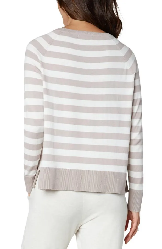 Sweaters Women Liverpool Los Angeles Raglan Sweater With Side Slits Taupe Cream Stripe