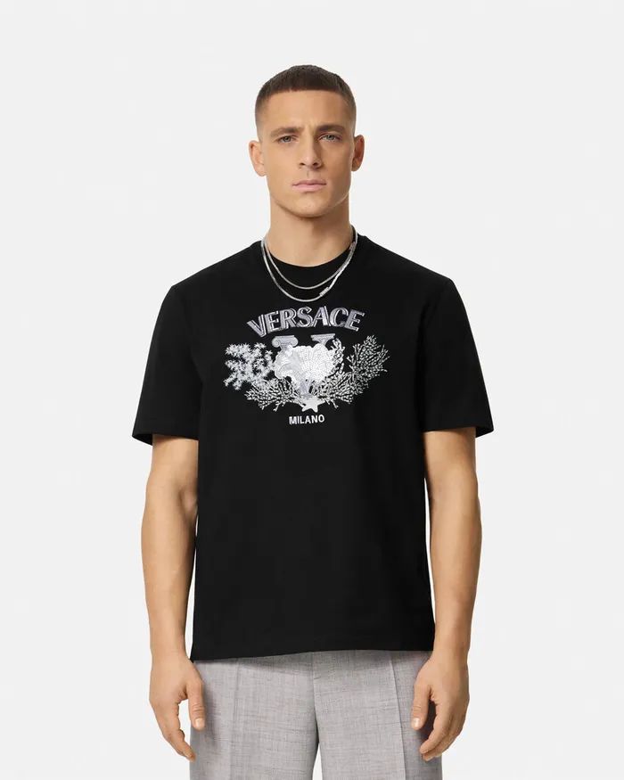 TShirts and Polos Men Versace Embroidered University Coral TShirt Black