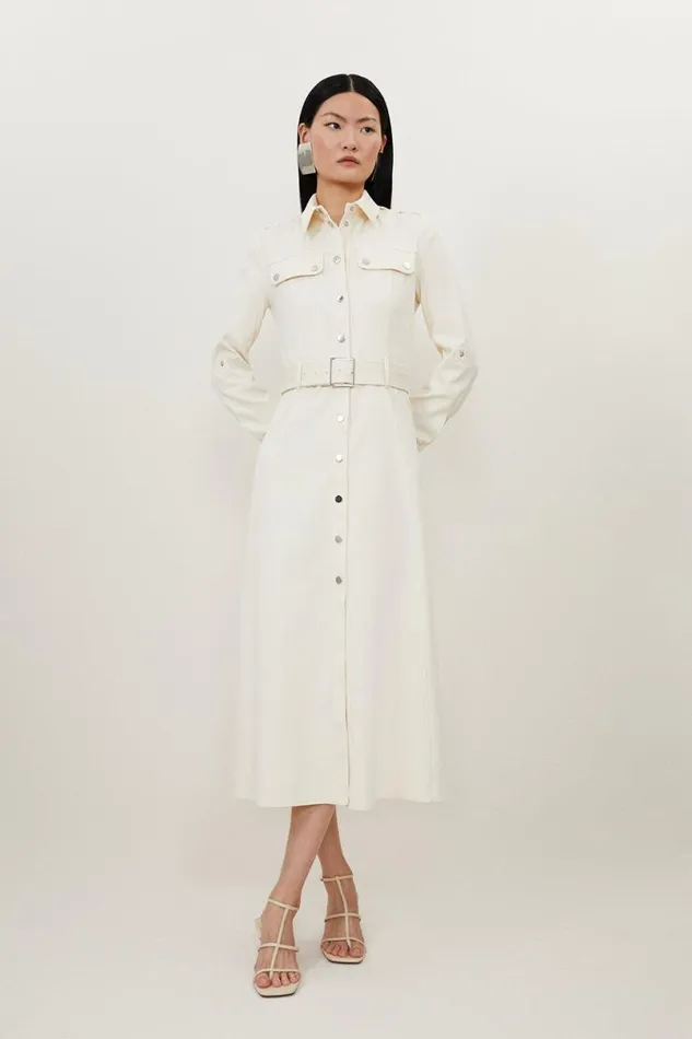 Tailored Belted Midi Shirt Dress Cream Women Karen Millen Dresses