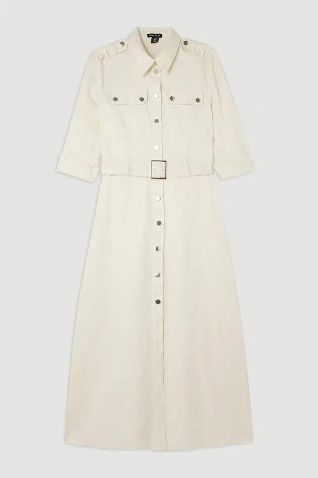 Tailored Belted Midi Shirt Dress Cream Women Karen Millen Dresses