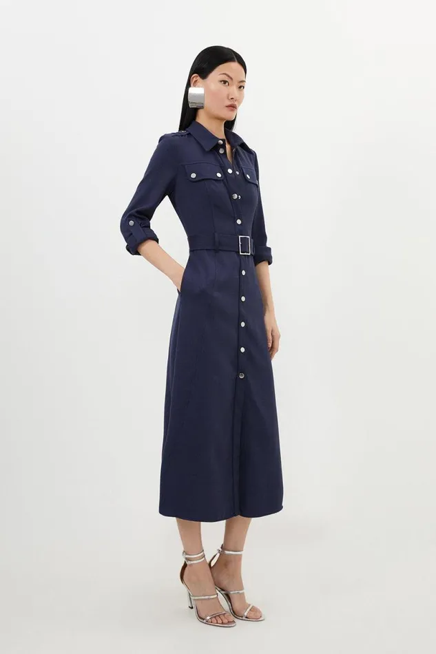Tailored Belted Midi Shirt Dress Navy Women Karen Millen Dresses