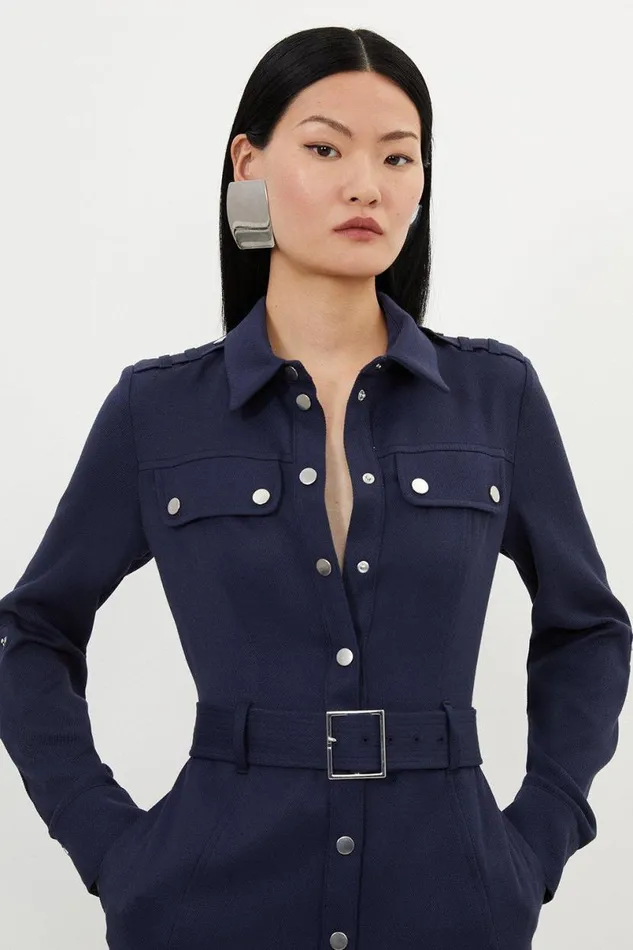 Tailored Belted Midi Shirt Dress Navy Women Karen Millen Dresses