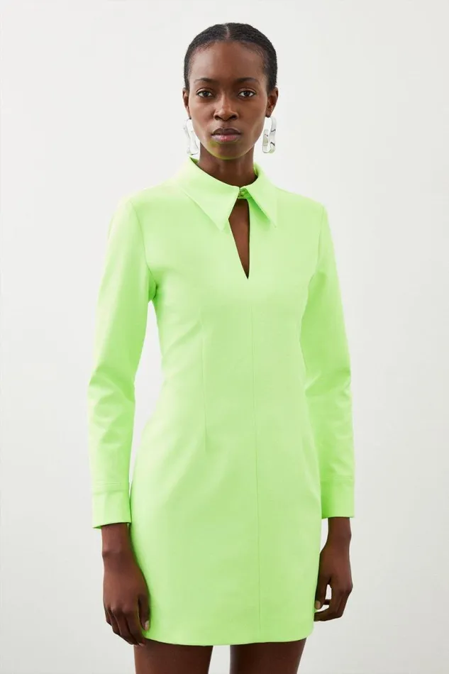 Tailored Collar Detail Long Sleeve Mini Dress Neonlime Women Karen Millen Dresses