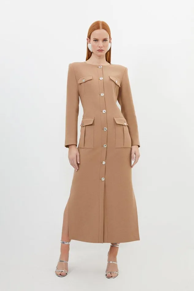 Tailored Compact Stretch Button Through Midi Dress Camel Women Karen Millen Dresses