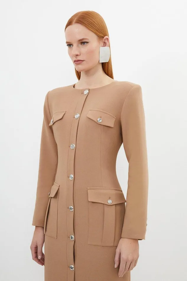 Tailored Compact Stretch Button Through Midi Dress Camel Women Karen Millen Dresses