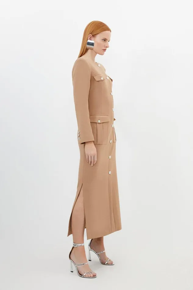 Tailored Compact Stretch Button Through Midi Dress Camel Women Karen Millen Dresses